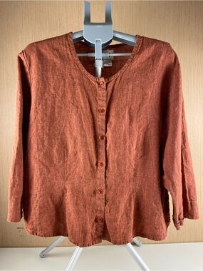 FLAX Jeanne Engelhart 100% Linen Rust Button Front Top Large